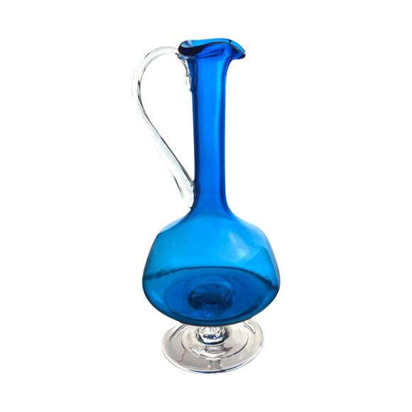 Vintage Mid-Century Modern Blue Glass Decanter: 11-Inch Hand Blown Art Glass - Picture 8 of 8